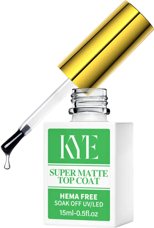 A bottle of KYE Super Matte Top Coat features a gold applicator and prominently displays its NO HEMA and soak-off UV/LED properties in a 0.5oz (15ml) size. It pairs perfectly with the KYE Rubber Base for a flawless finish.