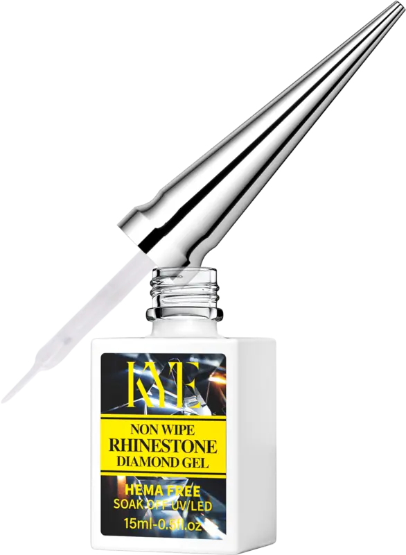The KYE Rubber Base 0.5oz (NO HEMA) rhinestone diamond gel comes in a bottle with a pointed silver cap, containing 15ml for precise application.