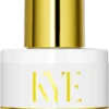 A white and gold bottle labeled "KYE Rubber Base 0.5oz (NO HEMA)" offers a flawless shine with its NO HEMA formula, ensuring a gentle yet resilient finish for all your nail art needs.