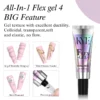 Image of a beauty product advertisement featuring a 0.5oz tube labeled "KYE Rubber Base" with NO HEMA. Highlights include 3D gel, chrome powder, stick diamond, brush pen, and sample nail designs utilizing the KYE Rubber Base.