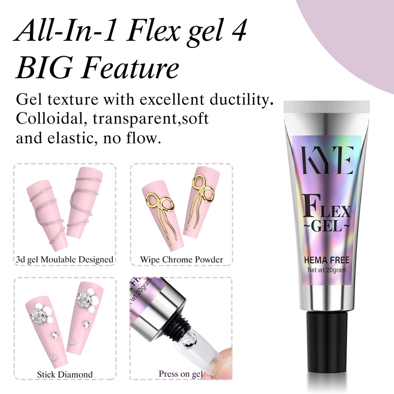 Image of a beauty product advertisement featuring a 0.5oz tube labeled "KYE Rubber Base" with NO HEMA. Highlights include 3D gel, chrome powder, stick diamond, brush pen, and sample nail designs utilizing the KYE Rubber Base.