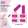 The KYE Rubber Base 0.5oz (NO HEMA) nail polish set is presented in stylish pink and white packaging, designed for its 0.5oz bottles. Each bottle comes with a brush and offers benefits such as reduced odor, high viscosity, and strong nail reinforcement, delivering an outstanding manicure experience.