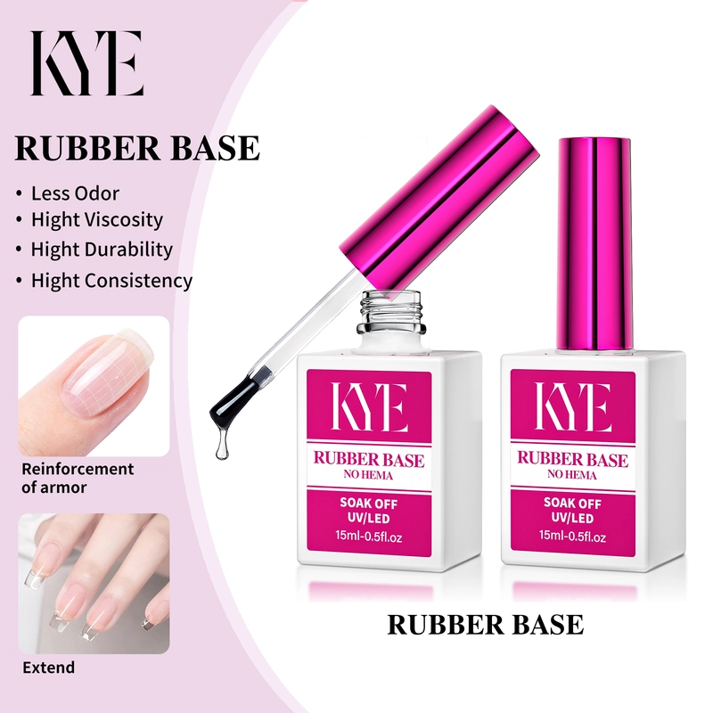 The KYE Rubber Base 0.5oz (NO HEMA) nail polish set is presented in stylish pink and white packaging, designed for its 0.5oz bottles. Each bottle comes with a brush and offers benefits such as reduced odor, high viscosity, and strong nail reinforcement, delivering an outstanding manicure experience.