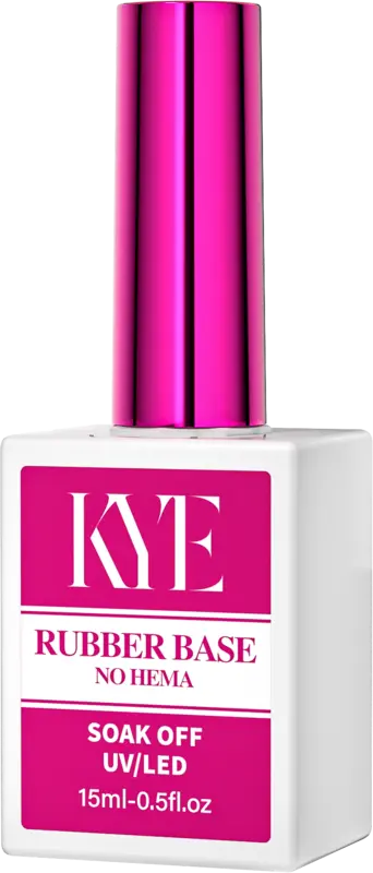 The KYE Rubber Base 0.5oz (NO HEMA) nail polish bottle is designed for soak-off UV/LED application and includes a pink cap, with a capacity of 15ml (0.5 fl. oz).