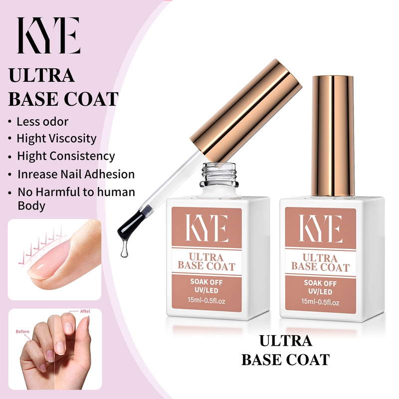 The advertisement highlights a set of two 0.5oz bottles of KYE Rubber Base (NO HEMA) with an applicator, promoting benefits such as reduced odor, high viscosity, excellent nail adhesion, and safety thanks to its NO HEMA formula for improved consistency.