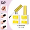KYE Rubber Base 0.5oz (NO HEMA) features a nail polish bottle with brush, labeled to highlight its exceptional benefits. The packaging illustrates the progression of shiny black nails at Day 10, Day 25, and Day 45 and includes a before and after image on the side. Available in a convenient 0.5oz size for lasting brilliance.