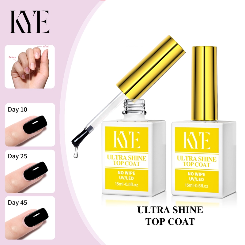 KYE Rubber Base 0.5oz (NO HEMA) features a nail polish bottle with brush, labeled to highlight its exceptional benefits. The packaging illustrates the progression of shiny black nails at Day 10, Day 25, and Day 45 and includes a before and after image on the side. Available in a convenient 0.5oz size for lasting brilliance.