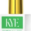 A sleek white bottle with a gold cap, labeled "KYE Rubber Base," highlights features such as "NO HEMA" and holds 15ml or 0.5oz of product, promising the perfect foundation for your nails.