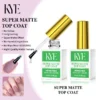 Two bottles of KYE Super Matte Top Coat, each 15ml (0.5oz), with one bottle open and the brush partially out, illustrate its NO HEMA composition for safety. This top coat offers a premium texture with a long-lasting matte finish and pairs perfectly with the KYE Rubber Base for the best results.
