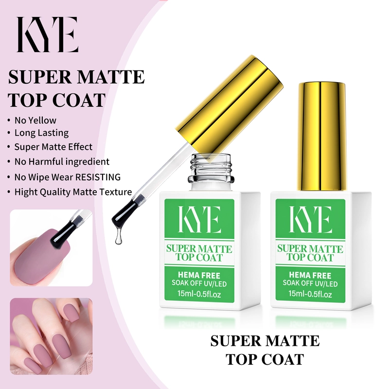 Two bottles of KYE Super Matte Top Coat, each 15ml (0.5oz), with one bottle open and the brush partially out, illustrate its NO HEMA composition for safety. This top coat offers a premium texture with a long-lasting matte finish and pairs perfectly with the KYE Rubber Base for the best results.