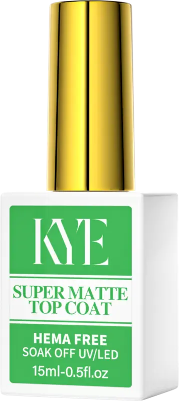 A sleek white bottle with a gold cap, labeled "KYE Rubber Base," highlights features such as "NO HEMA" and holds 15ml or 0.5oz of product, promising the perfect foundation for your nails.