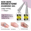 Image of the KYE Rubber Base 0.5oz (NO HEMA) nail adhesive gel with applicator tips and KYE logo. The text emphasizes its NO HEMA formula, over 30 days of longevity, requirement for lamp curing, and suitability for rhinestones, 3D nail art, powder applications, and Rubber Base uses.