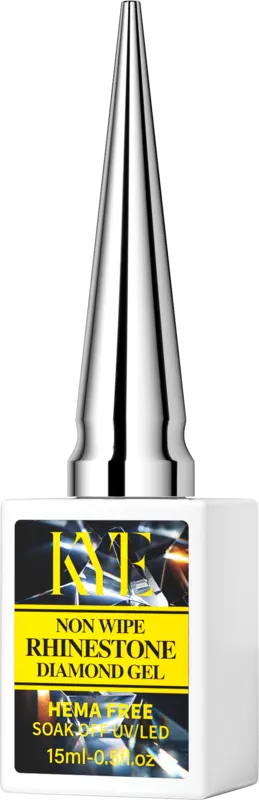 A 15ml (0.5oz) bottle of diamond gel with a silver cap, featuring the label "Non Wipe Rhinestone Diamond Gel" in yellow text, is designed without HEMA for a safer application and works perfectly with your favorite KYE Rubber Base 0.5oz (NO HEMA) for stunning results.