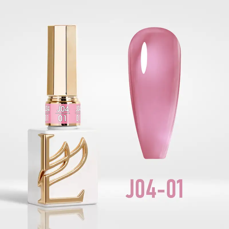 A bottle of Lavis Popular Jelly Gel 0.5oz (J04) with a gold cap is beside a swatch of shiny pink color.