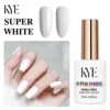 Bottle of KYE Super White nail polish with white-painted nails and two swatches. This 15ml, HEMA-free formula offers a soak-off UV/LED finish and can be paired with the KYE Gel Non-Stick Matte Top 0.5oz for a flawless look.