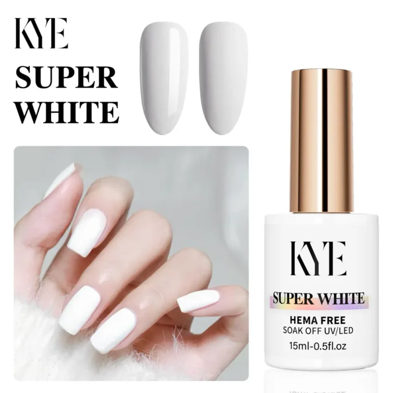 Bottle of KYE Super White nail polish with white-painted nails and two swatches. This 15ml, HEMA-free formula offers a soak-off UV/LED finish and can be paired with the KYE Gel Non-Stick Matte Top 0.5oz for a flawless look.