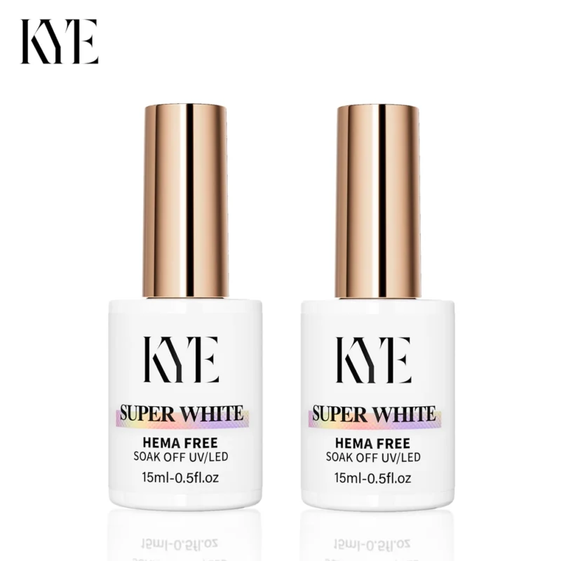 Two bottles of KYE Gel Non-Stick Matte Top 0.5oz (HEMA FREE) nail polish with gold caps are displayed against a white backdrop, showcasing a sleek matte finish.