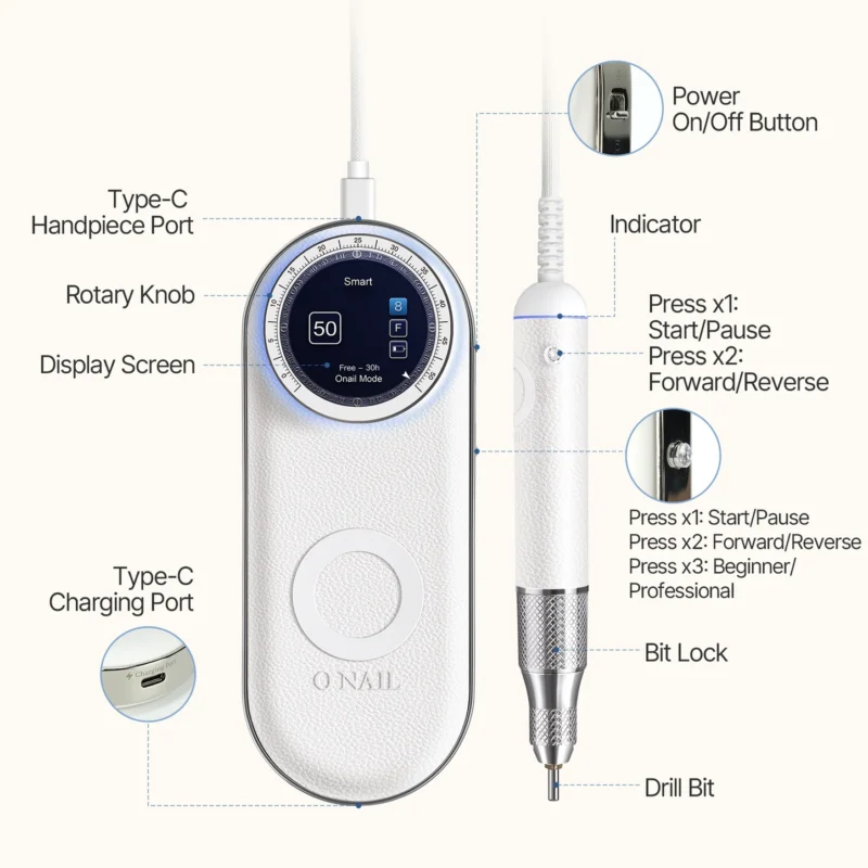 O Nail NailHealth Pro Max Smart Nail Drill – 50,000 RPM, Dual Handpiece, Cordless, White
